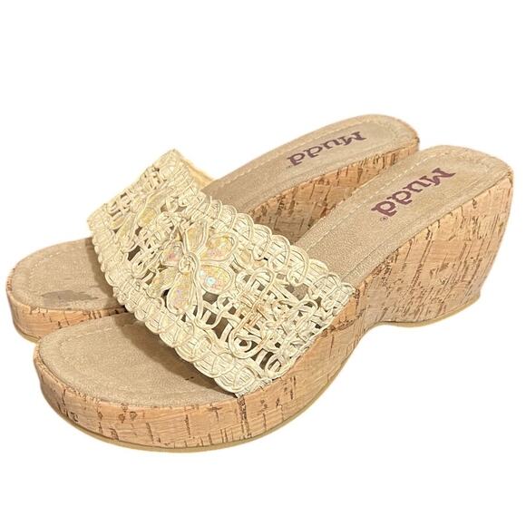Y2K 2000s Mudd cream cork wedge sandals iridescent sequin flower embroidered 10 - Picture 1 of 9